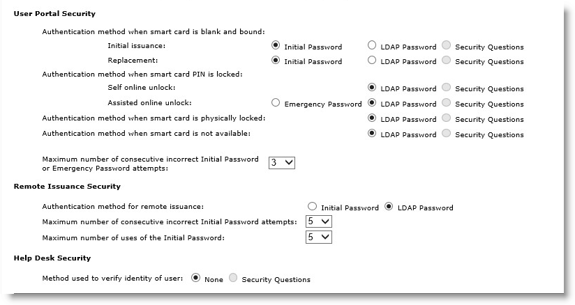 Part of Security Settings page of Configuration tab with User Portal Security, Remote Issuance Security, and Help Desk Security sections
